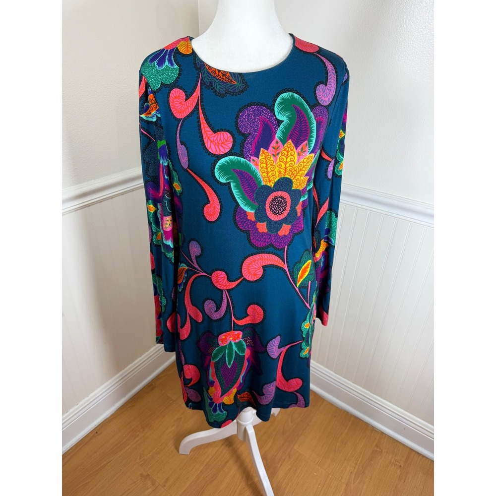 Trina Turk Shift Dress Womens Small Teal Psychedelic Floral Paisley Long Sleeve
